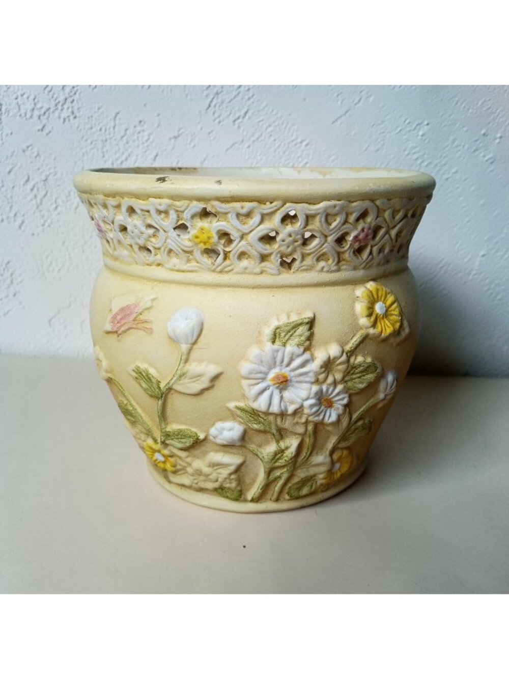 K's Collection Floral Relief Ceramic Planter Heart Cutout Cottagecore